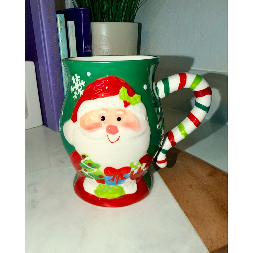 Holiday Time Jumbo Mug 23.67oz Green 3D Santa Claus Candy Cane Handle Ceramic